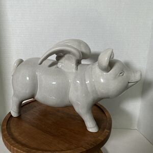 Large Glazed Ceramic Flying Pig Gray Wings Figurine 11”x6.5”
